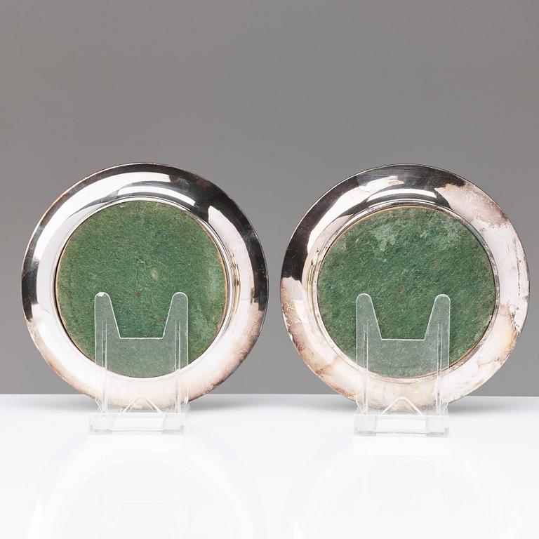 A pair of 20th century coasters, white metal and an English silver plated salt-cellar and A 20th c glass table-bell.