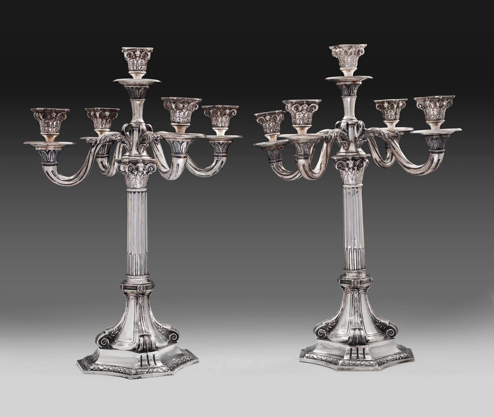 KANDELABRAR, ett par. 830 silver. Importerade av A. Tillander 1928. Höjd 55 cm. Vikt 4970 g.