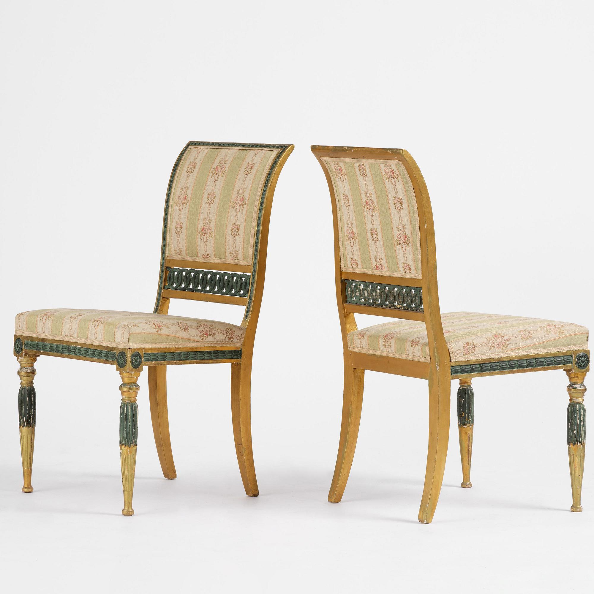 A set of six late Gustavian giltwood chairs, Stockholm, late 18th century.
