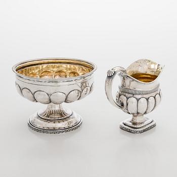 A silver cream jug by A.G. Illberg, Hamina, and a silver bonbonnière by Hj. Fagerroos, Helsingfors, 19th century.