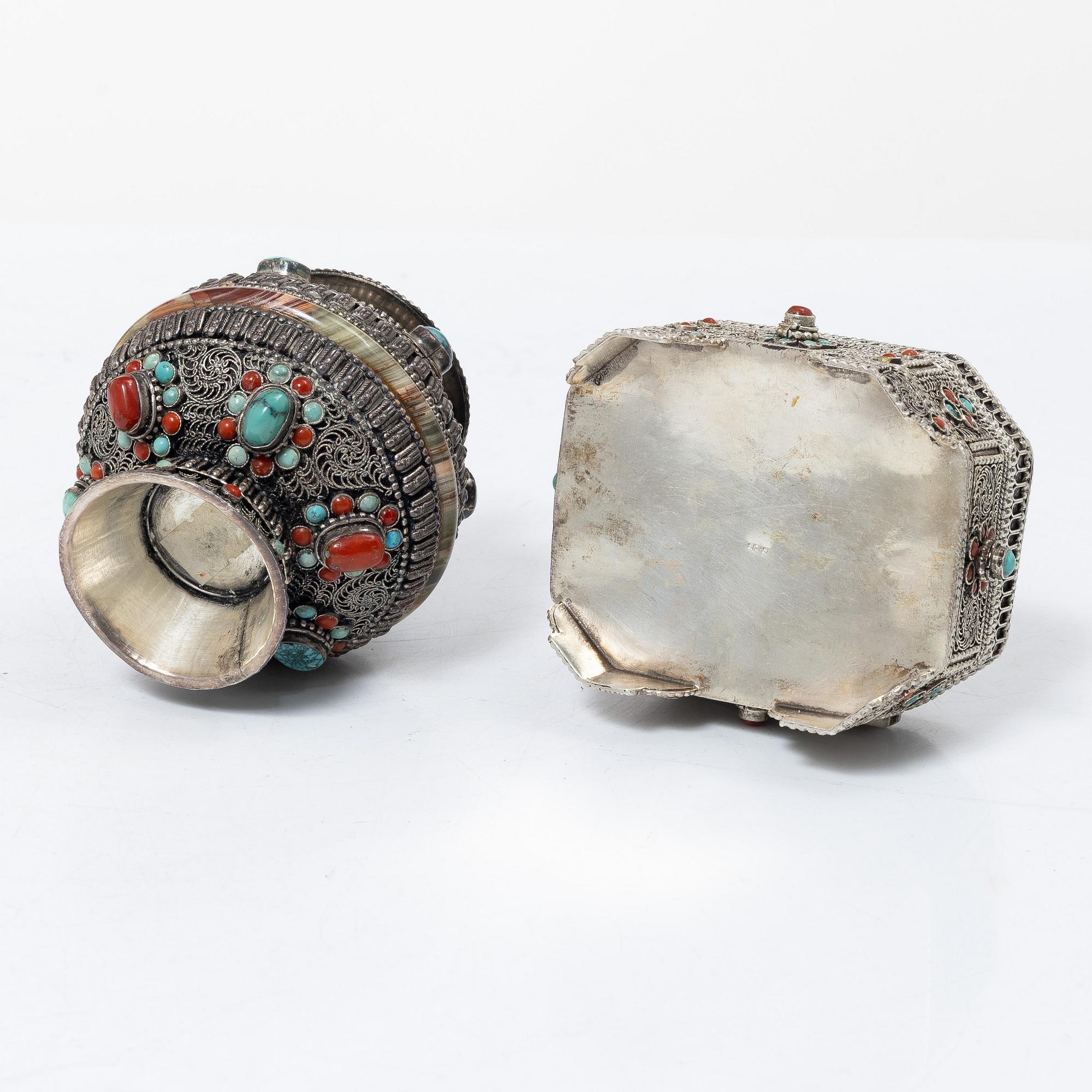 A group of five silver boxes with covers, South East Asia, 20th century.
