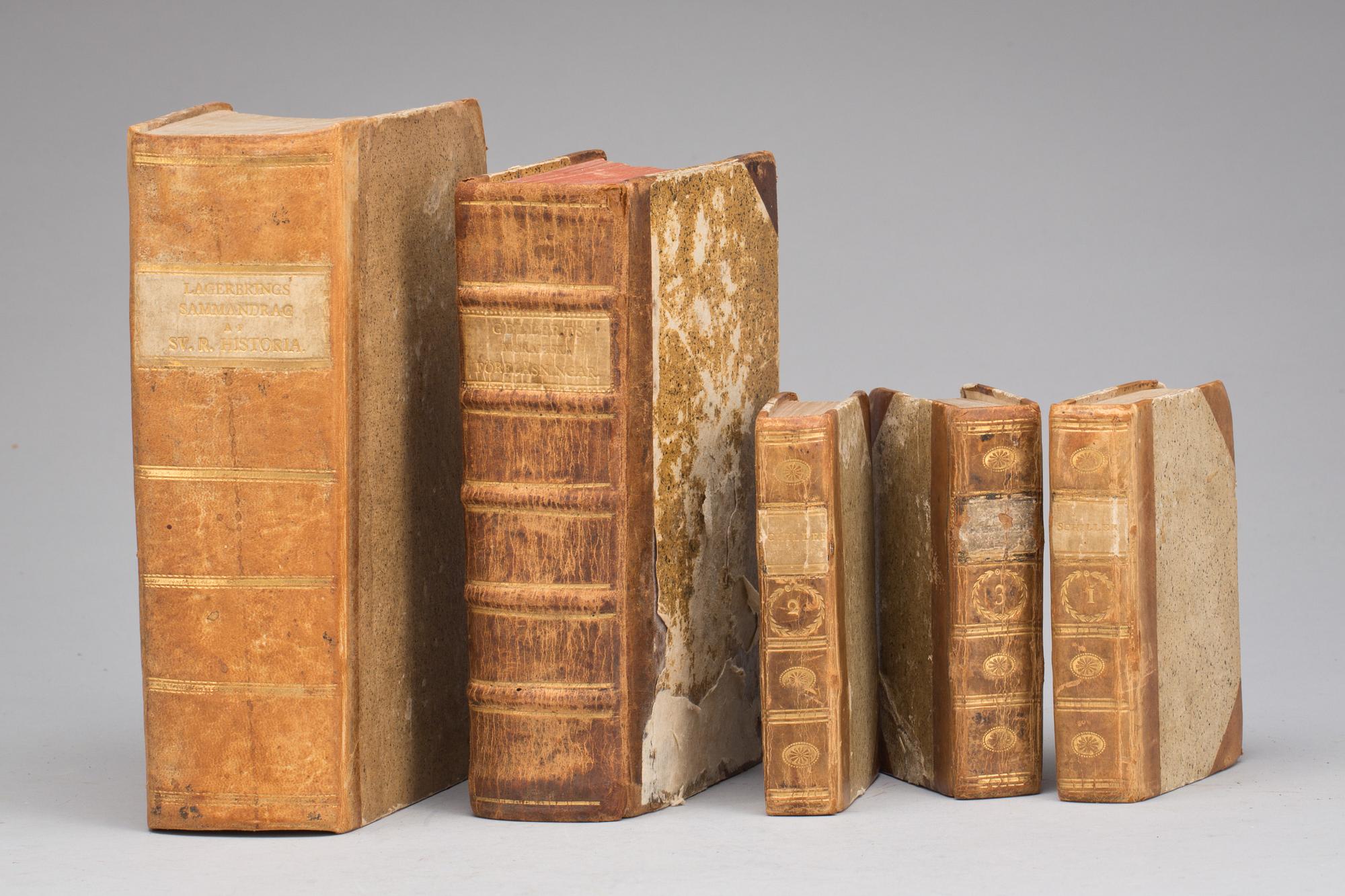 PARTI BÖCKER, 5 st, bl.a "Sammandrag af Swea Rikes Historia..."Swen Lagwebring, Stockholm, 1796.