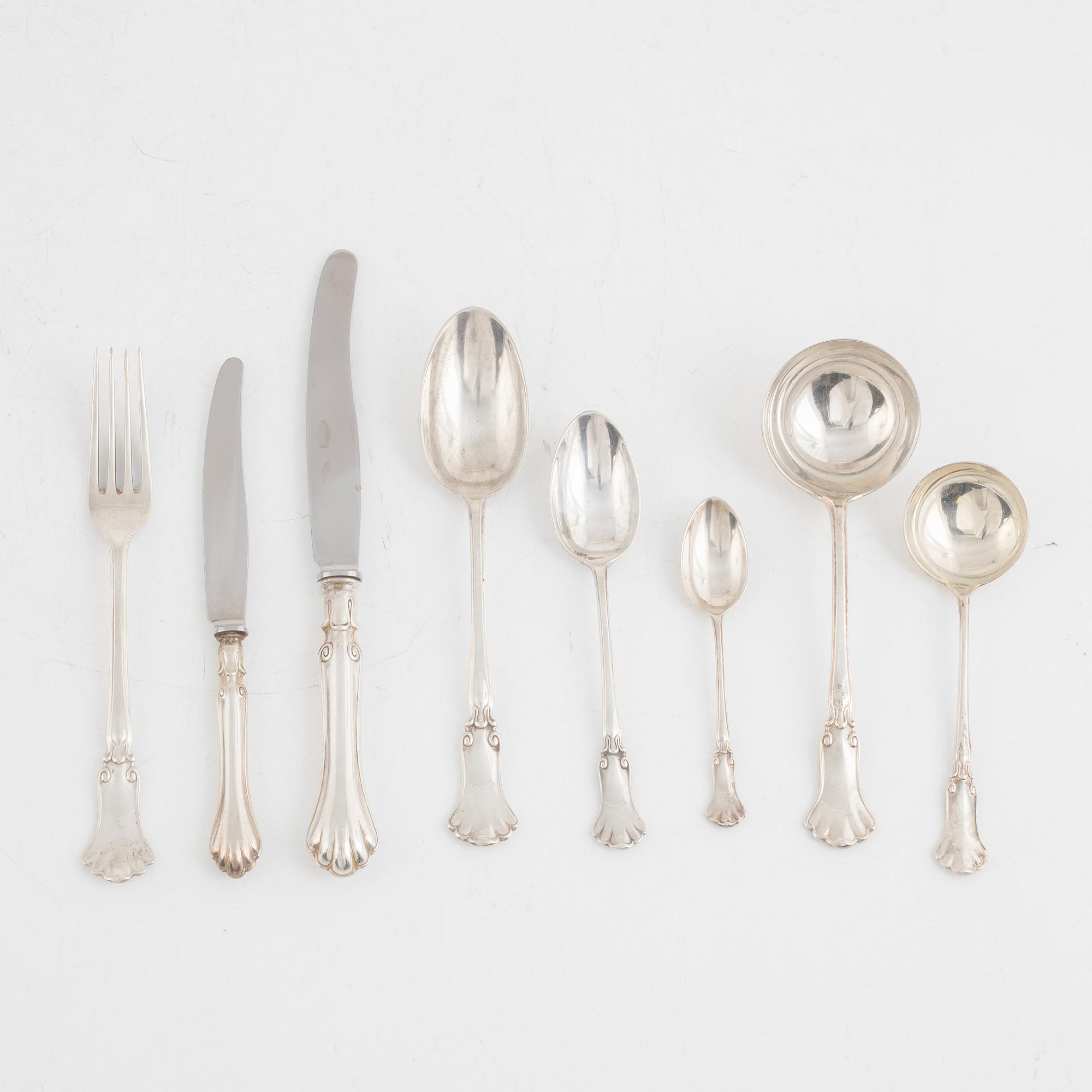 Besticksservis, 85 delar, silver, importstämplad K Anderson, Stockholm och Göteborg, bl a 1923.