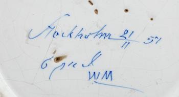 TALLRIK, fajans, Johan Waltman, Marieberg, daterad 21/11 57, 1700-tal.