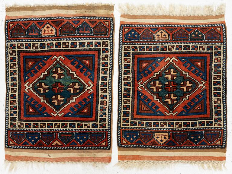 A pair, semi-antique rug, Döşemealtı, Antalya region, Turkey, ca 75 x 77 cm.
