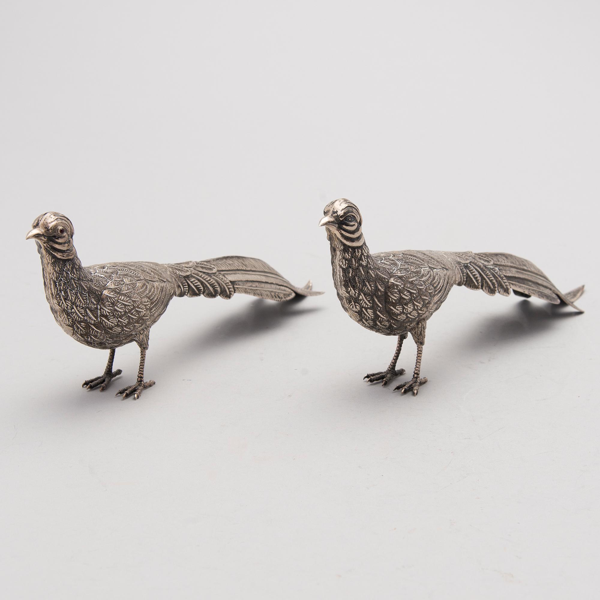 Two bird table decorations in silver, Spain after 1934.