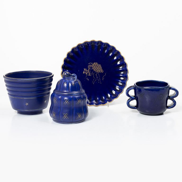 Wilhelm Kåge, a vase, jar with cover, flower pot and plate, Gustavsberg, Sweden, 1924-1930.