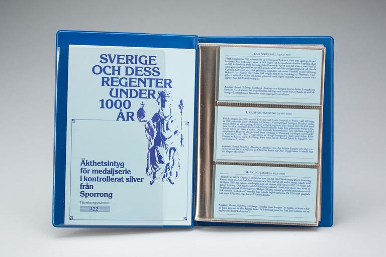 MEDALJONGSAMLING, sterling, 60 delar "Sverige och dess regenter under 1000 år", Sporrong AB 1976-79. Vikt ca 2800 g.