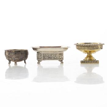 Three Russian silver salt cellars, 19th century.