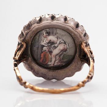 Ring, ca 17K guld, silver och gammalslipade vita topaser med porträtt av dam, 1700-tal.