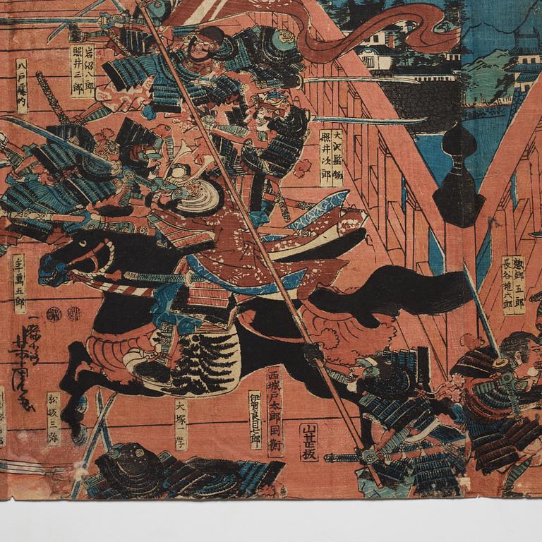 UTAGAWA YOSHITORA, two coloured woodblock prints, triptych, Japan, late 19th century.