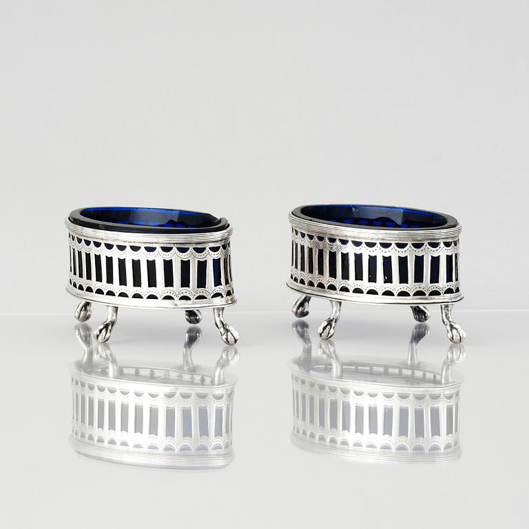 A Swedish pair of early 19th Century silver and blue glass salt cellars, mark of Pehr Zethelius, Stockholm 1808.