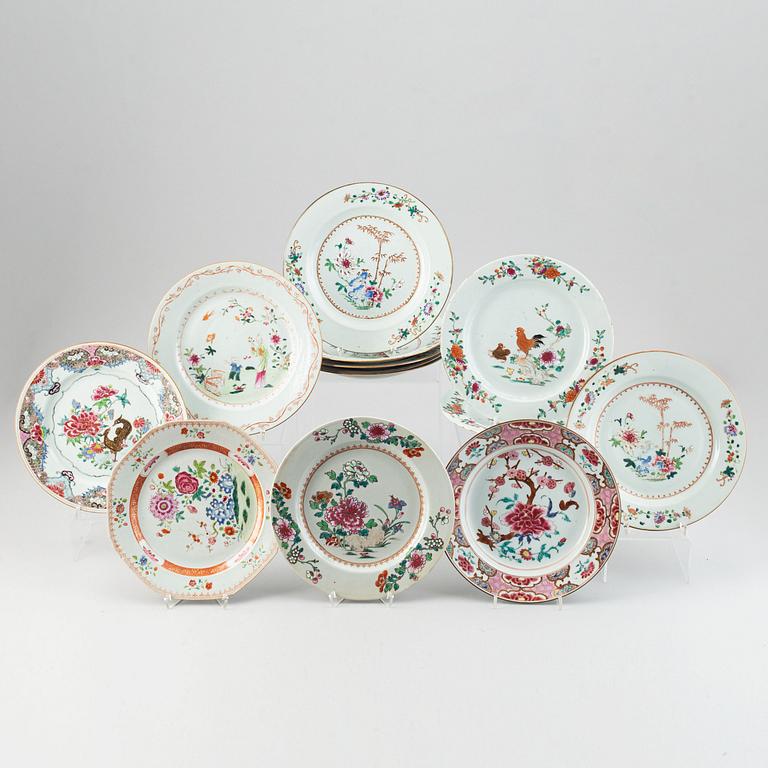 13 famille rose export porcelain plates, Qing dynasty, Qianlong (1736-95).