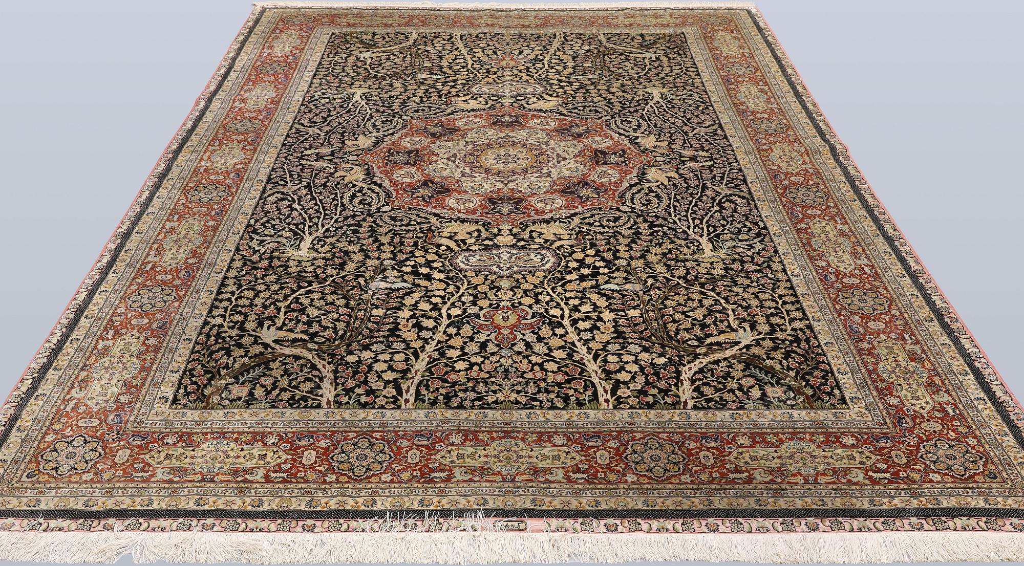 A oriental figural silk carpet, 303 x 201 cm.