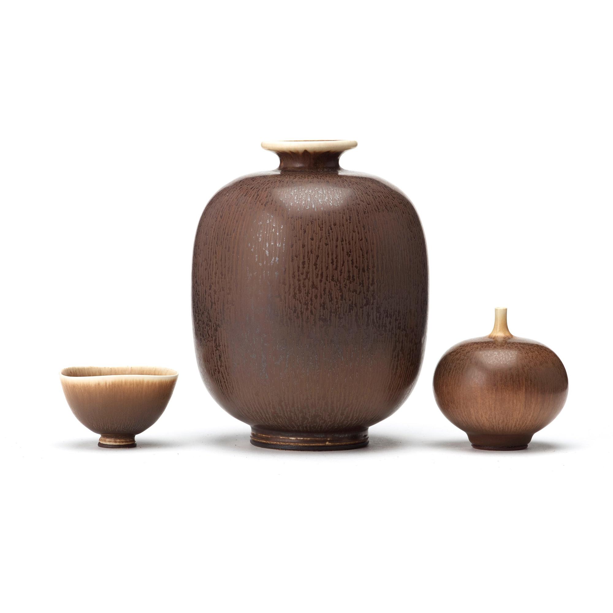 Berndt Friberg, vaser, 2 st och skål, Gustavsbergs studio 1970-tal.