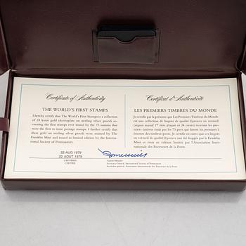 Franklin Mint, frimärksavbildningar, 73 st, förgyllt silver, "The world's first stamps", 1979.