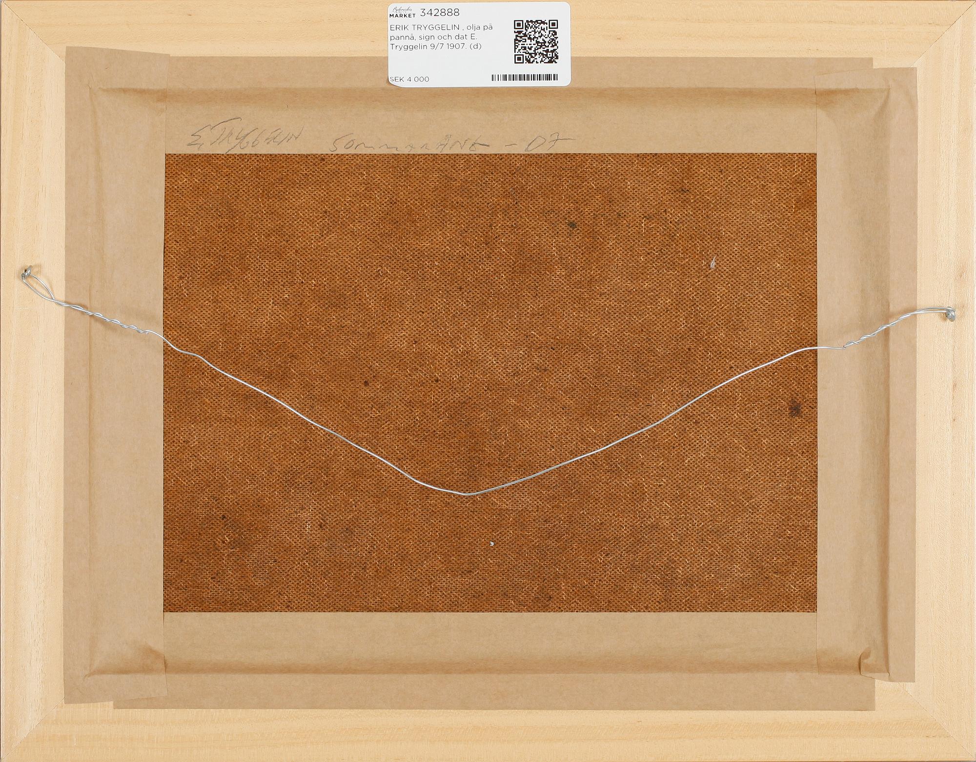 ERIK TRYGGELIN , olja på pannå, sign och dat E. Tryggelin 9/7 1907.