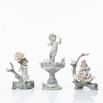 Lladró, figuriner, 3 st, "Fountain of love", "Born in springtime" samt "Somewhere in the garden", Spanien.