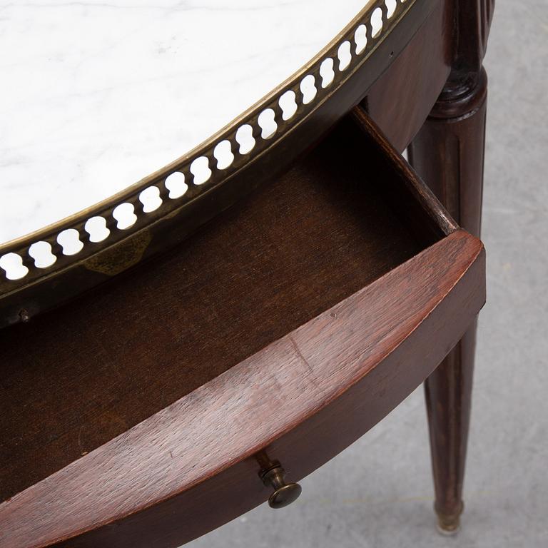 A Louis XVI style marble top mahognay table, circa 1900.