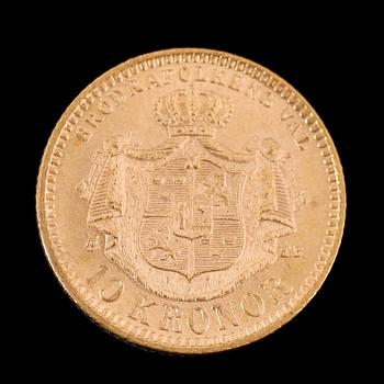 GULDMYNT, 10 kronor, Oscar II, 1894.  Vikt ca 5 gram.
