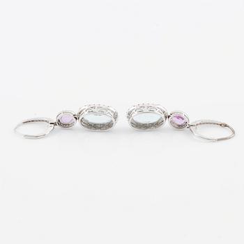 Aquamarine, pink sapphire and brilliant-cut diamond earrings.