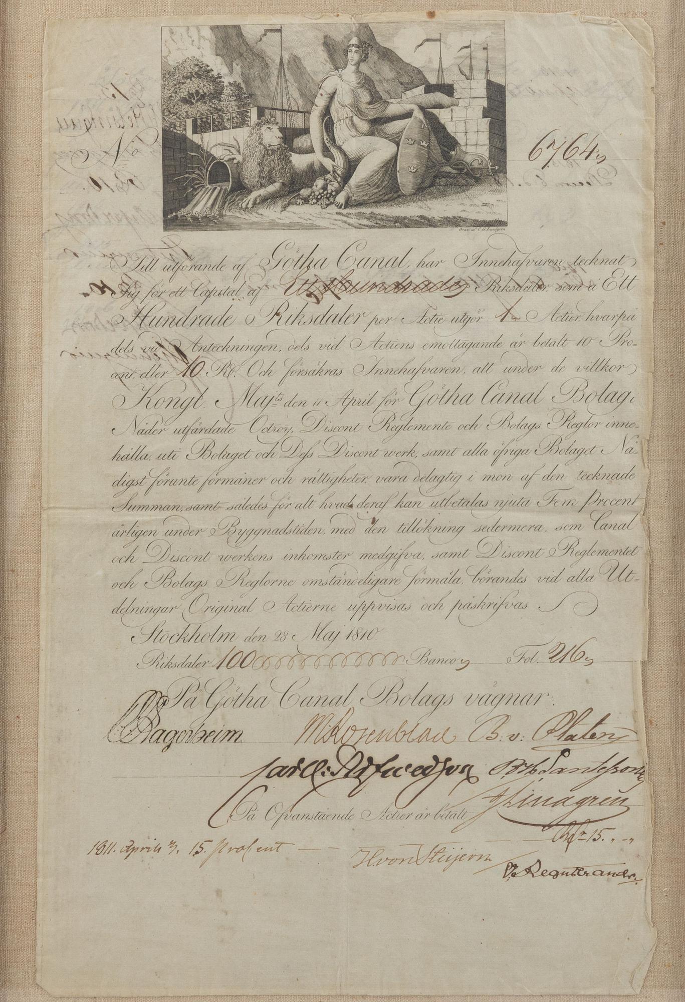Stock certificate, Götha Canal Company, No. 6764, 1810/11.