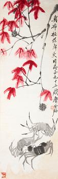 A fine painting by Qi Baishi (1864-1957) of crabs and autumn leafs, signed and with dedication.