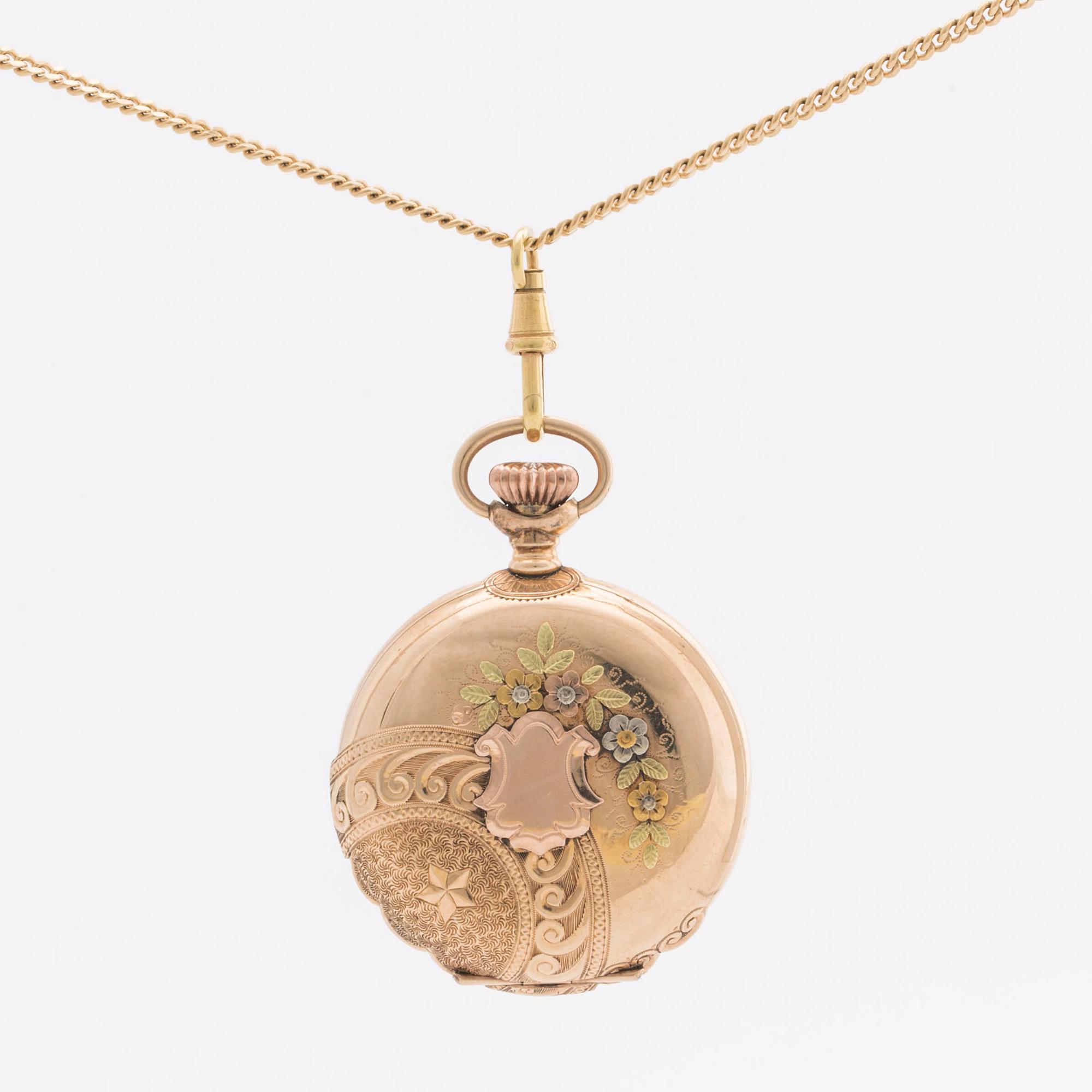 POCKET WATCH 14K gold Waltham and CHAIN 18K gold w 7 old-cut diamonds, 33 mm.