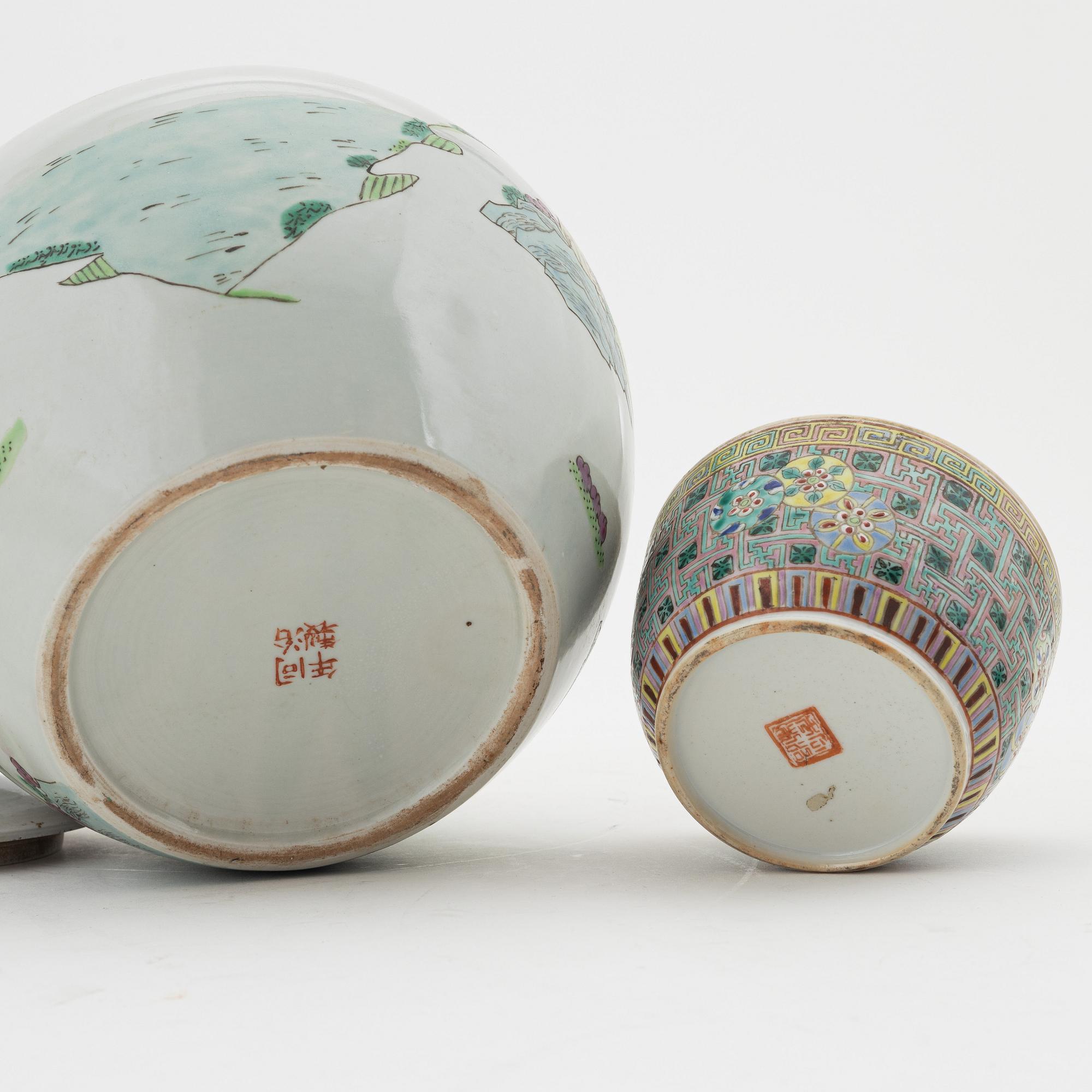 A famille rose jar with cover, box with cover and a dish and a bowl, China, circa 1900.
