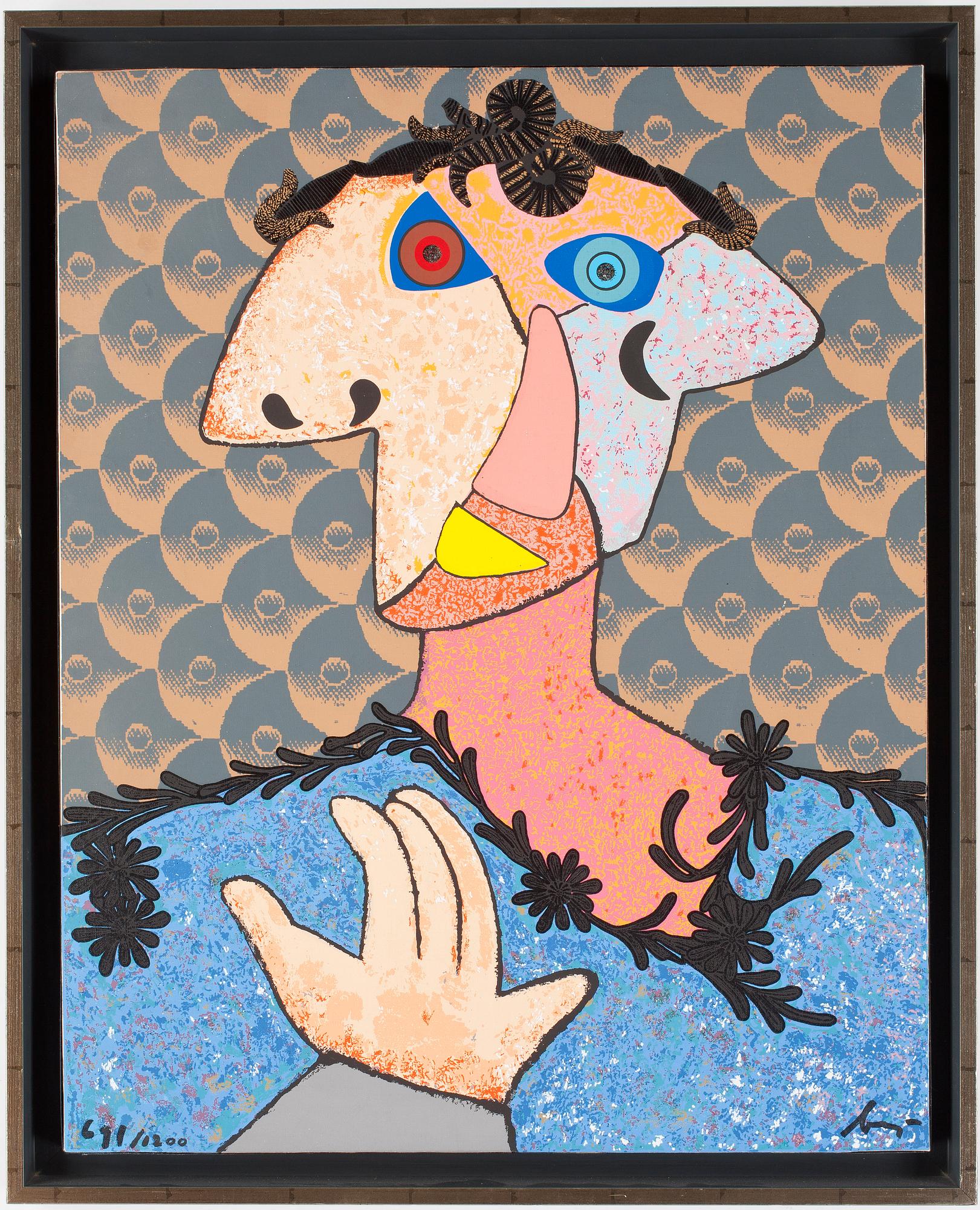 ENRICO BAJ, färglitografi på canvas, signerad och daterad 691/1200.