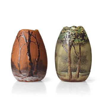 34. Daum, two Art Nouveau etched and enamel painted glass vases, Nancy, France.