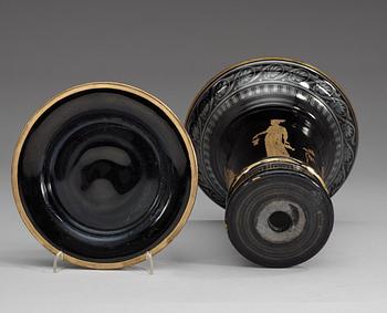 A Russian gilt black Etruscan style glass cache-pot with stand, circa 1800.