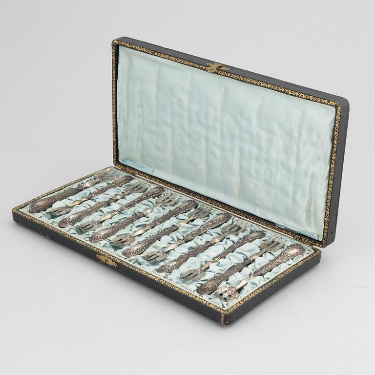 A set of twelve French silver oyster forks, mark of  Felix Malique, Paris, late 19th century.
