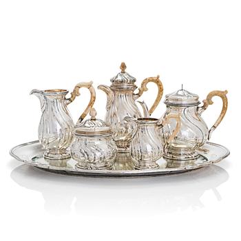 A silver tea and coffee service with tray, totally 6 pieces, Czechoslovakia 1929-1941.