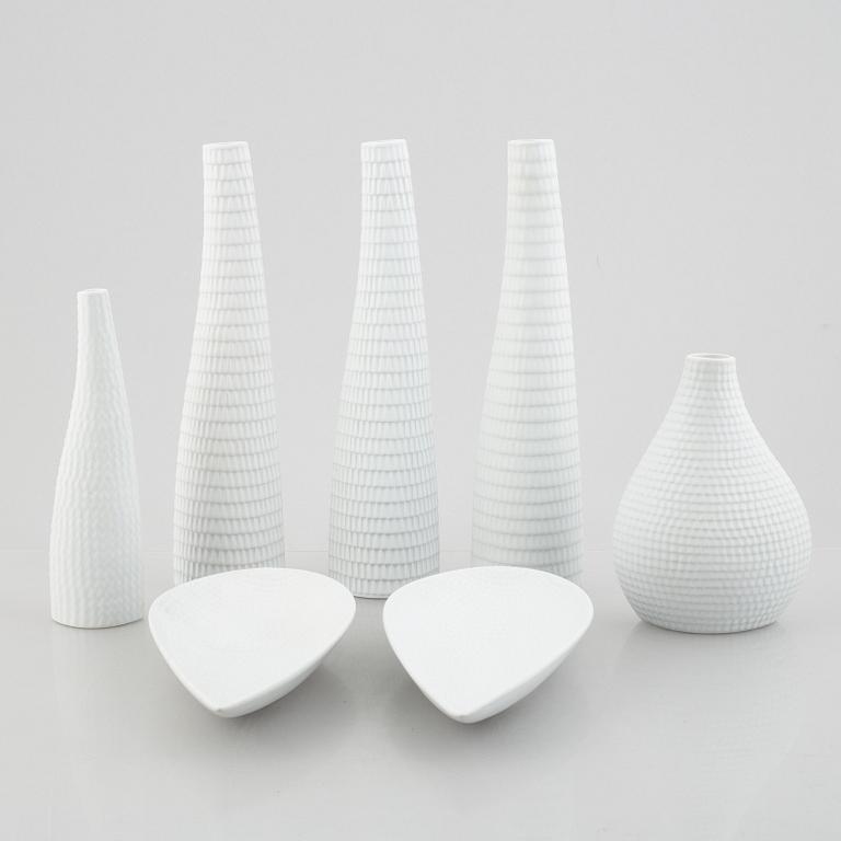 Stig Lindberg, seven "Reptil" vases and bowls, Gustavsberg, Sweden, 1953-63.