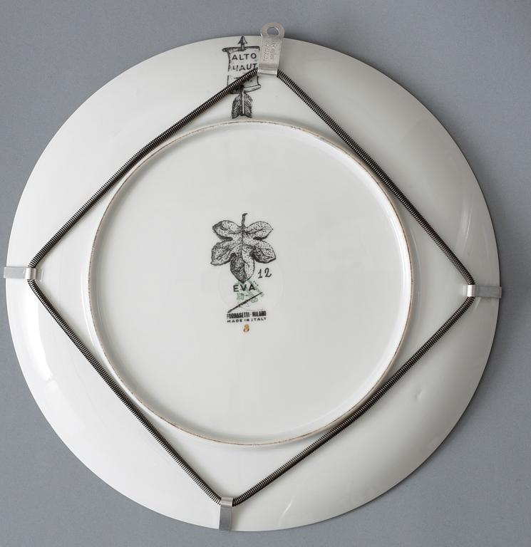 A set of twelve Piero Fornasetti 'Eva' porcelain plates, Milan, Italy.