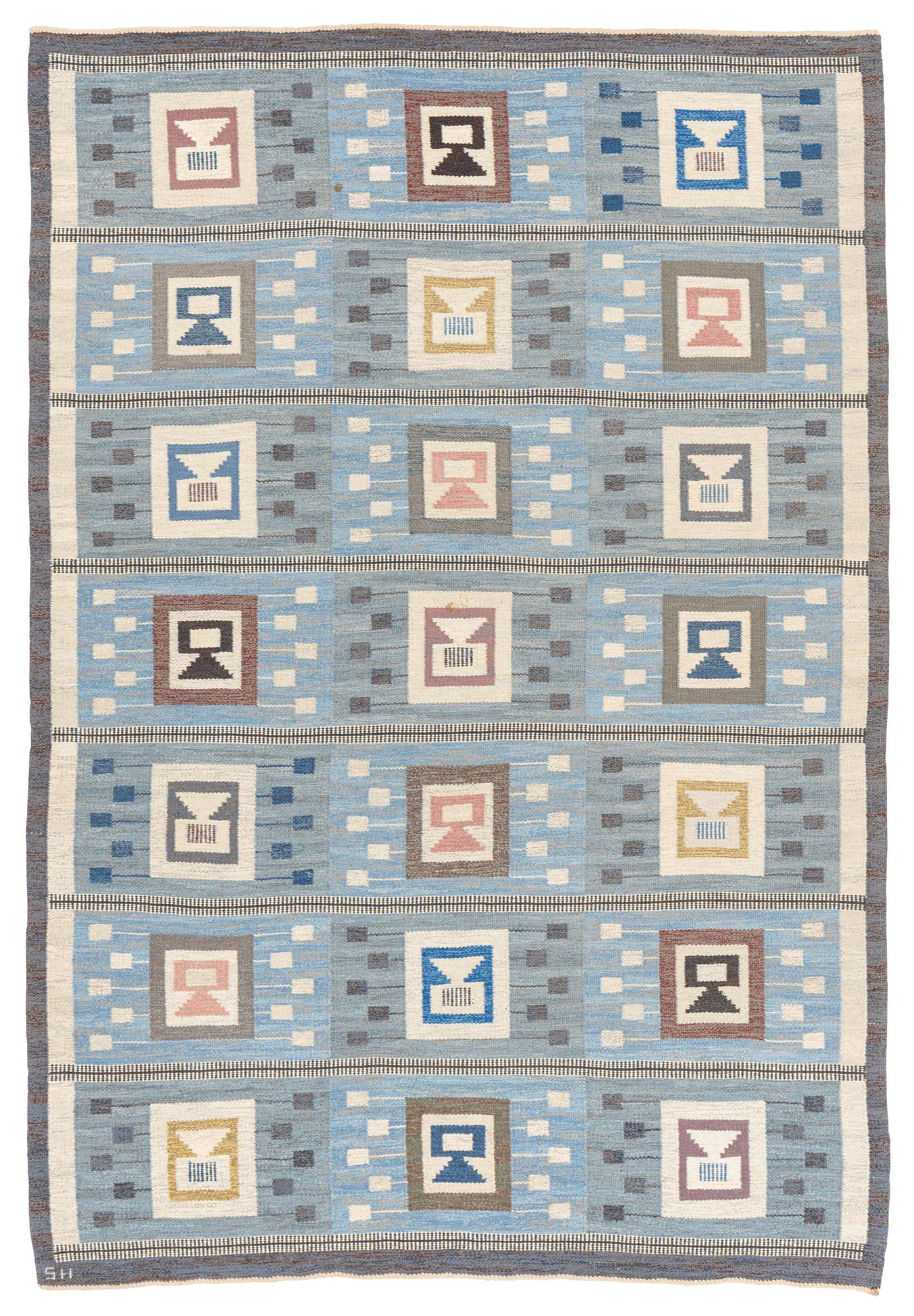 Edna Martin, a carpet, 'Flickorna i fönstret', flat weave, c 295 x 202 cm, signed SH.