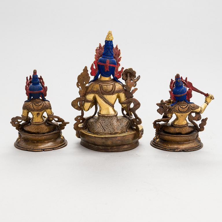 Buddha sculptures, 3 pcs, bronze, Tibetan Chinese, 20th century.