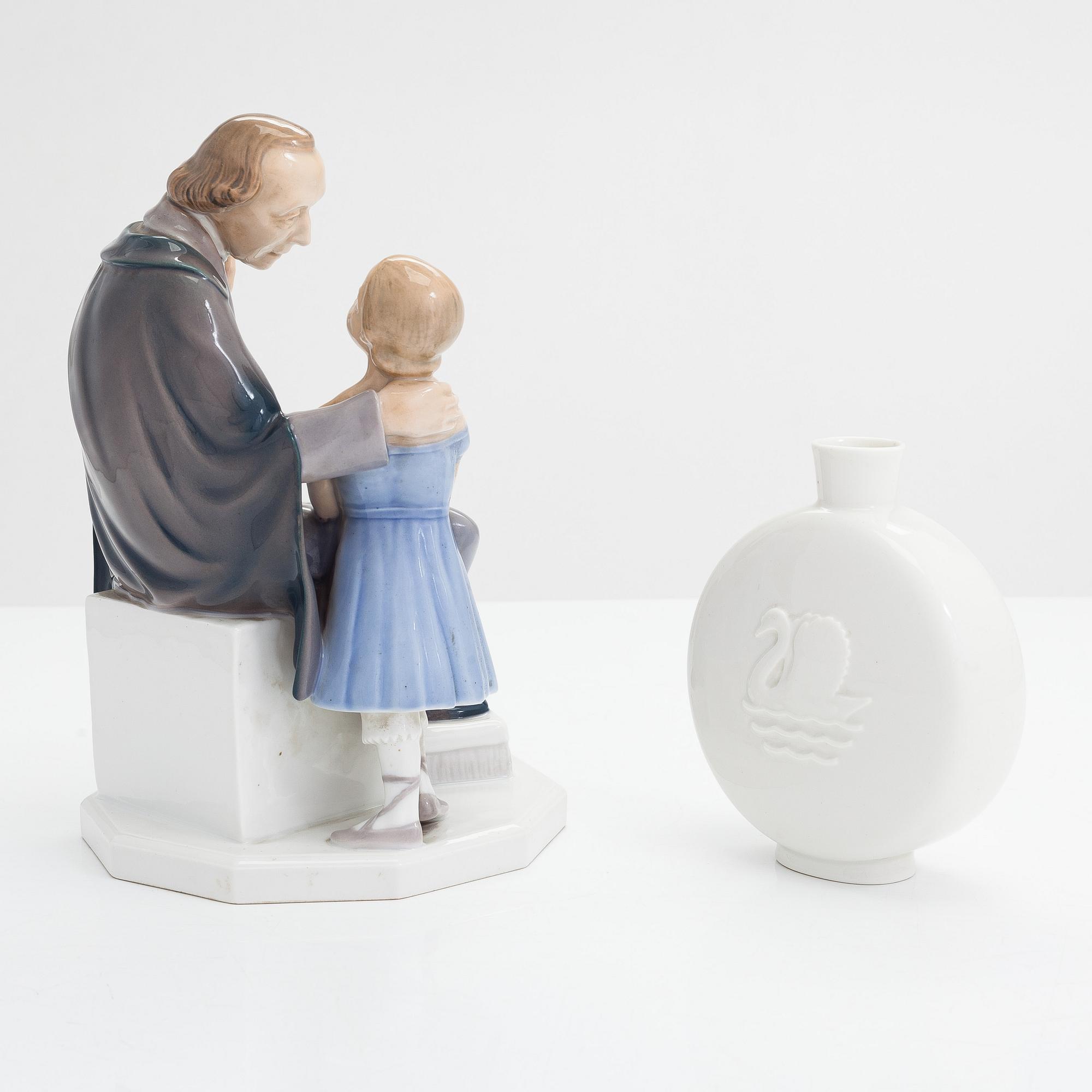 Four Bing & Grondahl figurines and a Royal Copenhagen vase, mid 20th century.