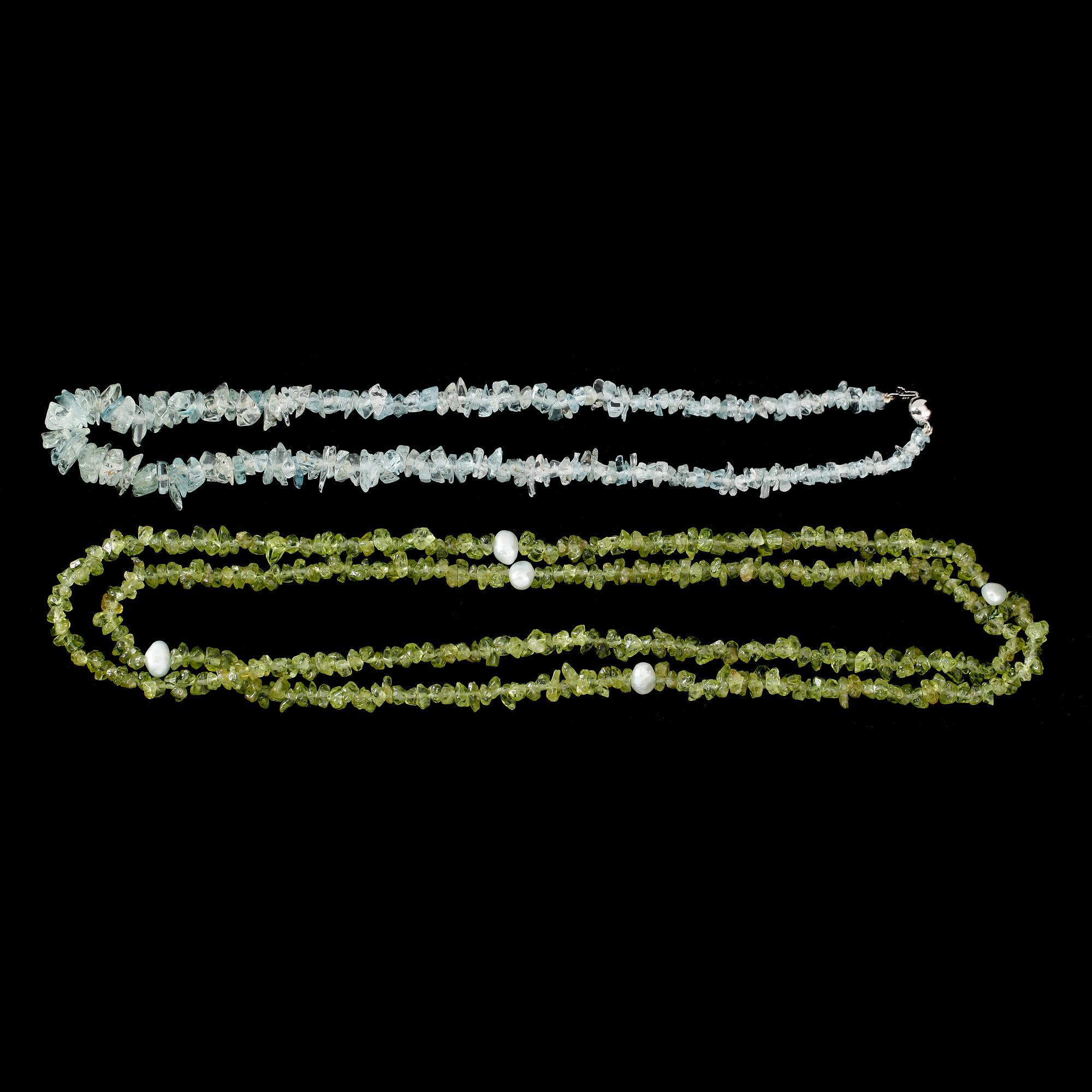 COLLIER, 2 st, grön  peridot och akvamarin.