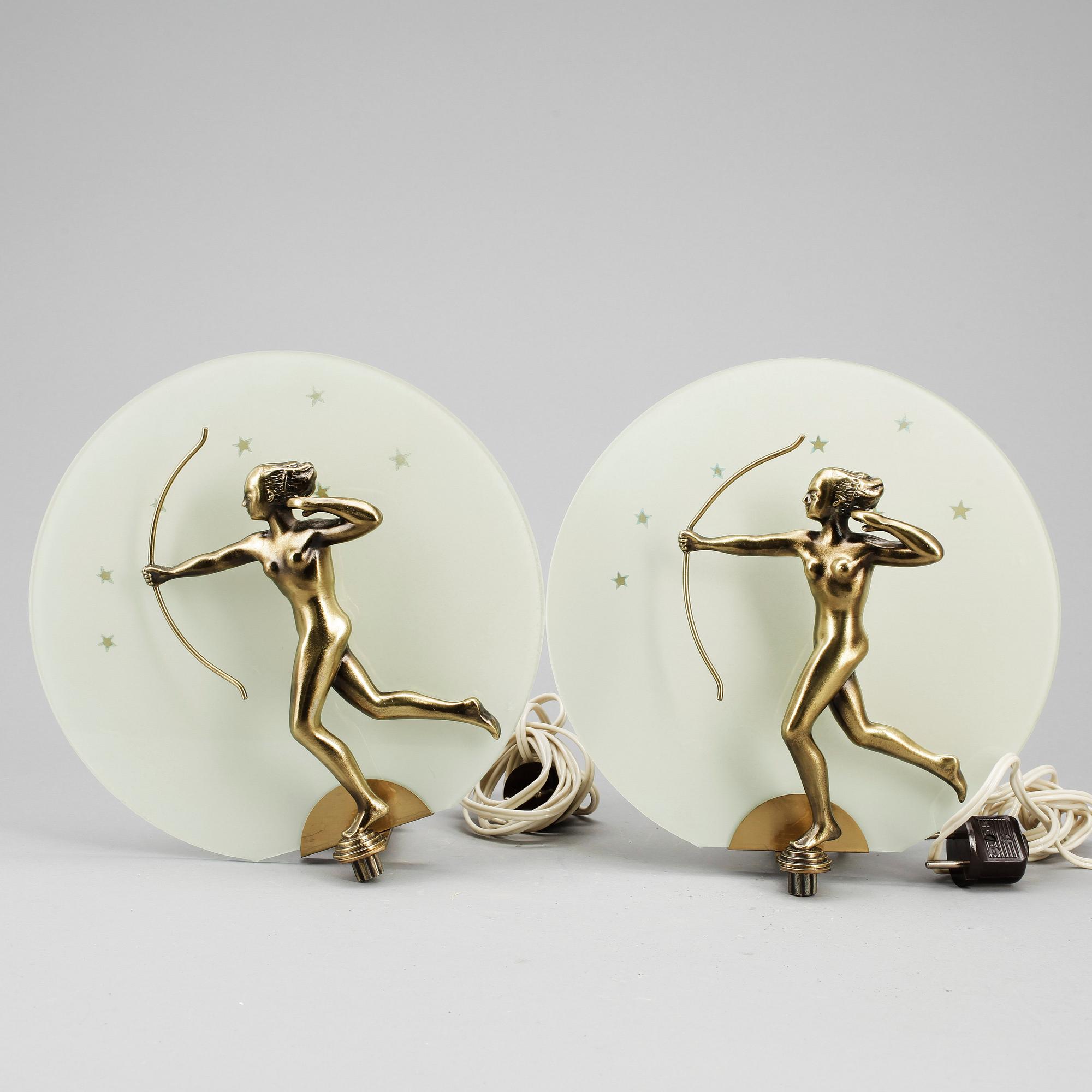LAMPETTER, ett par, mässing och glas, art deco, 1900-talets andra kvartal.