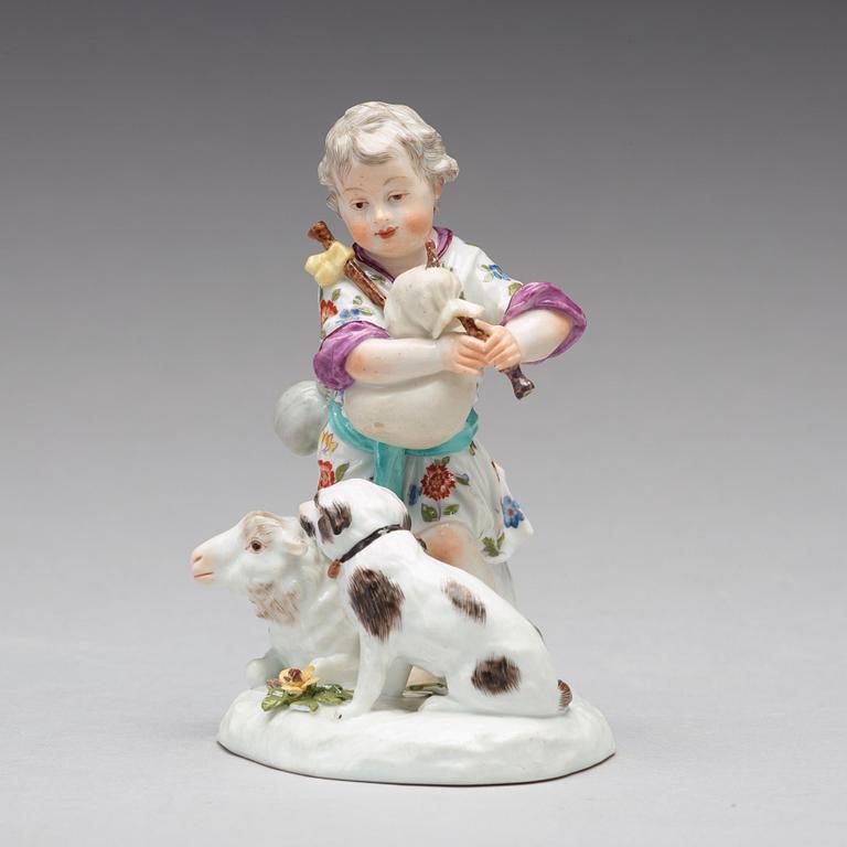 A Frankenthaler porcelain figure of a putto playing bag pipe, Germany, 18th Century.