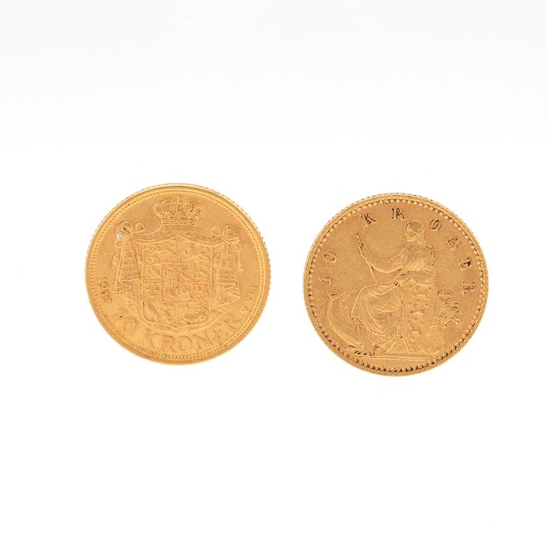 Gold coins 2 pcs 10 kr, Christian IX 1900 and Christian X 1913, Denmark.