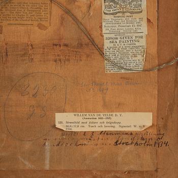 Willem van de Velde, attributed to, Coastal scene with fishermen and warships.