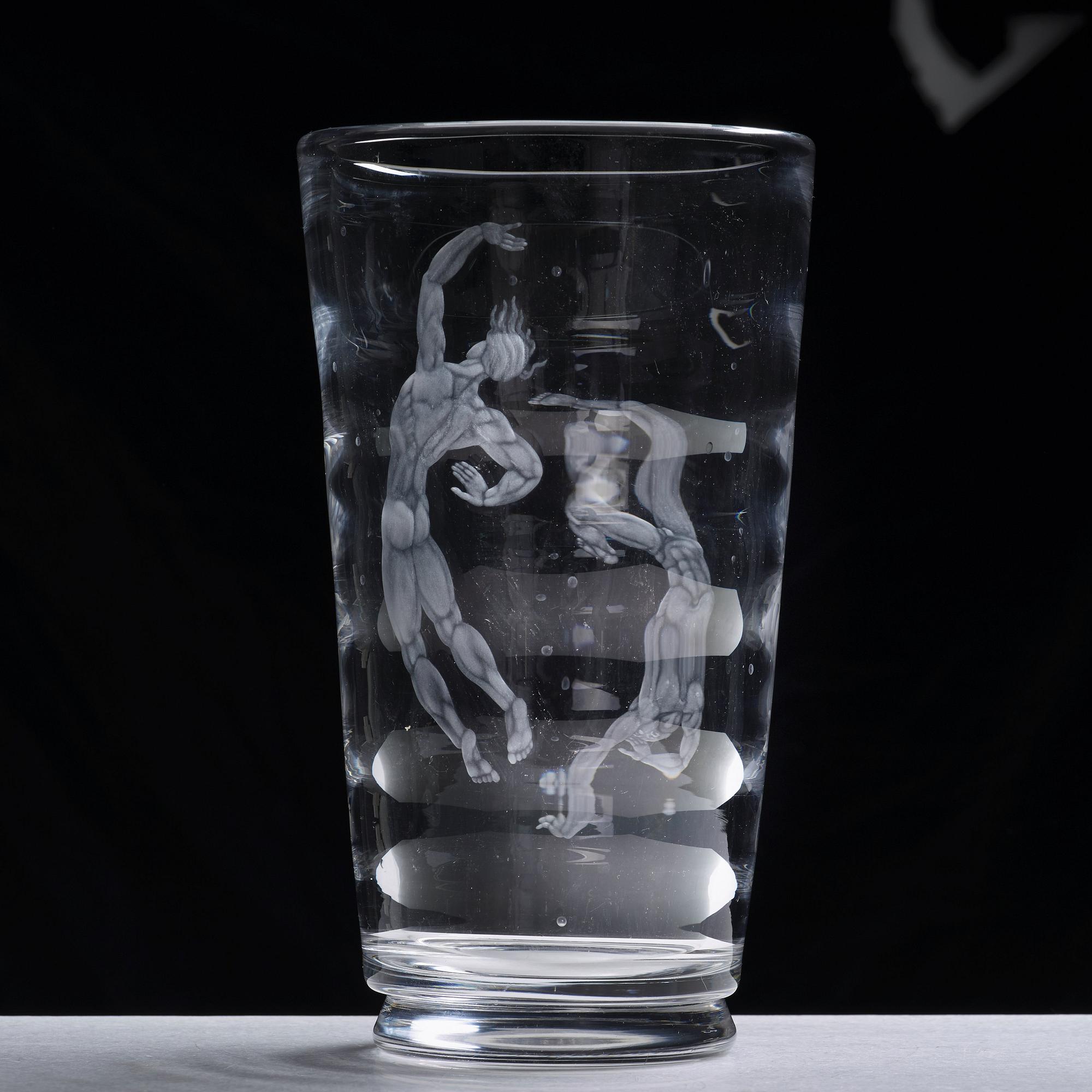 Vicke Lindstrand, an engraved "Pearl fisher" glass vase, Orrefors, Sweden 1956.