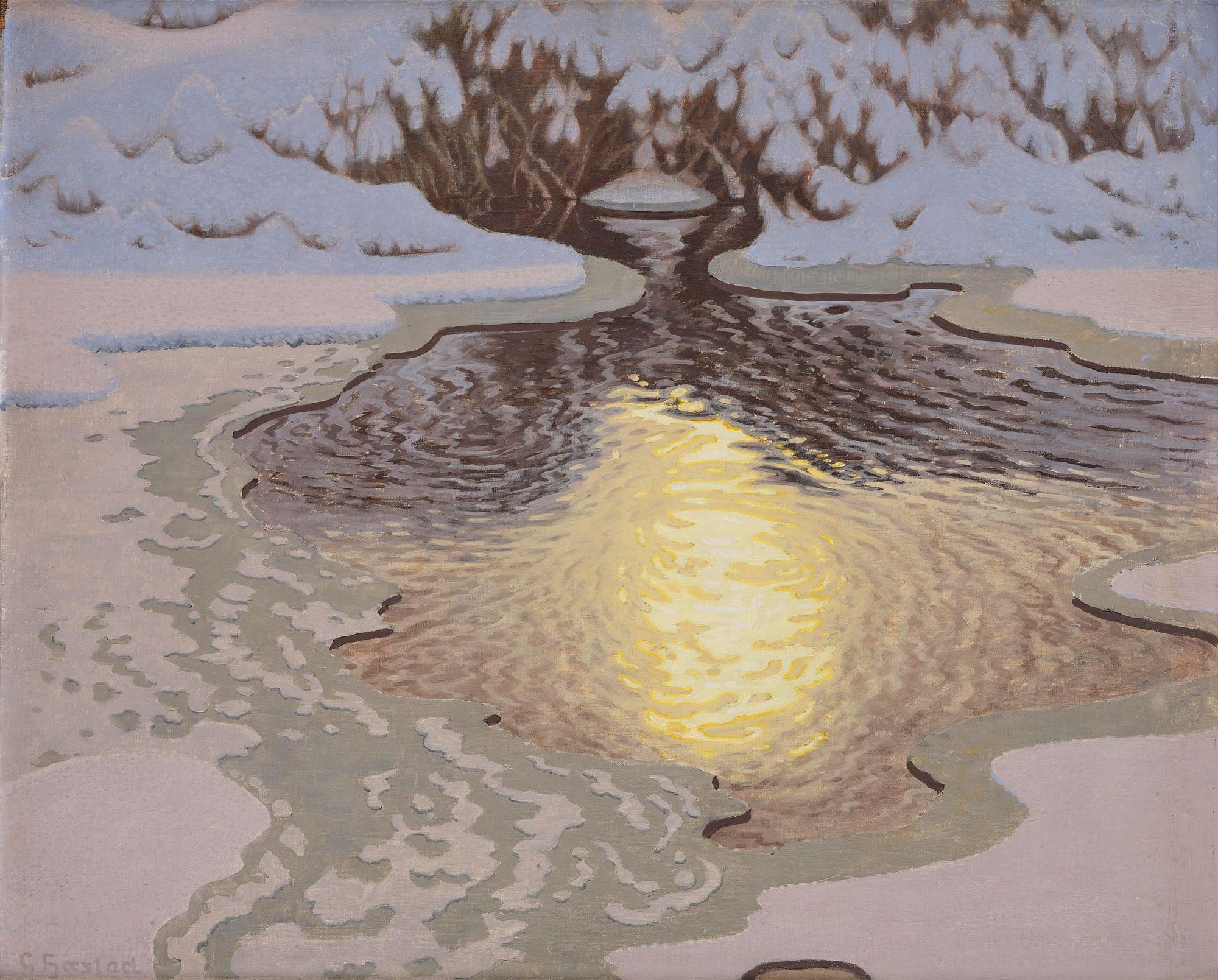 Gustaf Fjaestad, Winter landscape with sunlit watercourse.