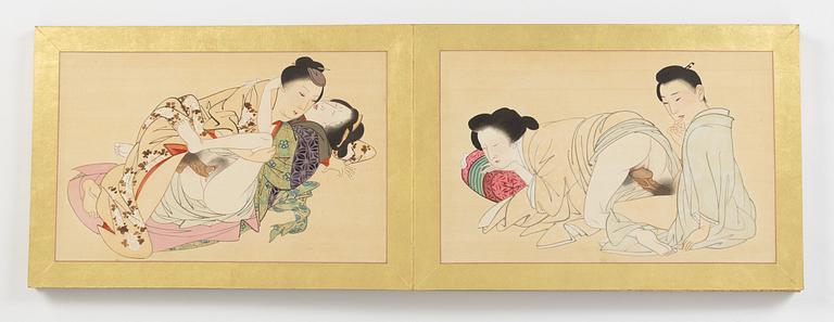 A Japanese Shunga album, ink an colour on silk, Japan, Meiji period (1868-1912).