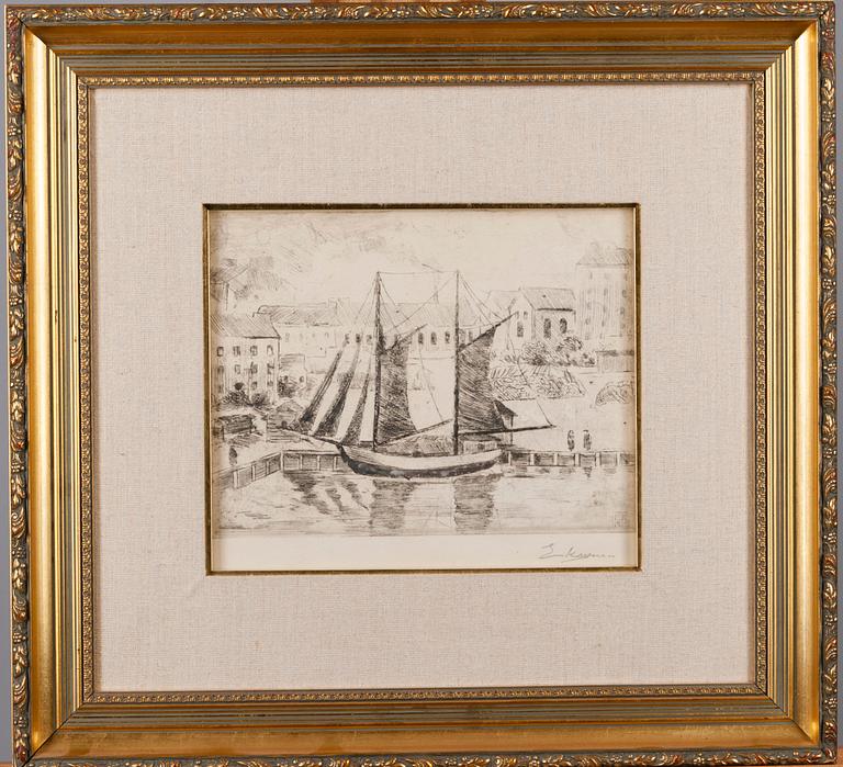 ERKKI KULOVESI, etsaus, signeerattu ja monogrammisigneerattu ja päivätty laattaan1925 .