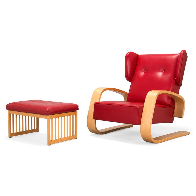 Alvar Aalto, nojatuoli ' High back tank'  E400 för Artek 1999. Ben af Sculten, rahi 445 Artek 1999.