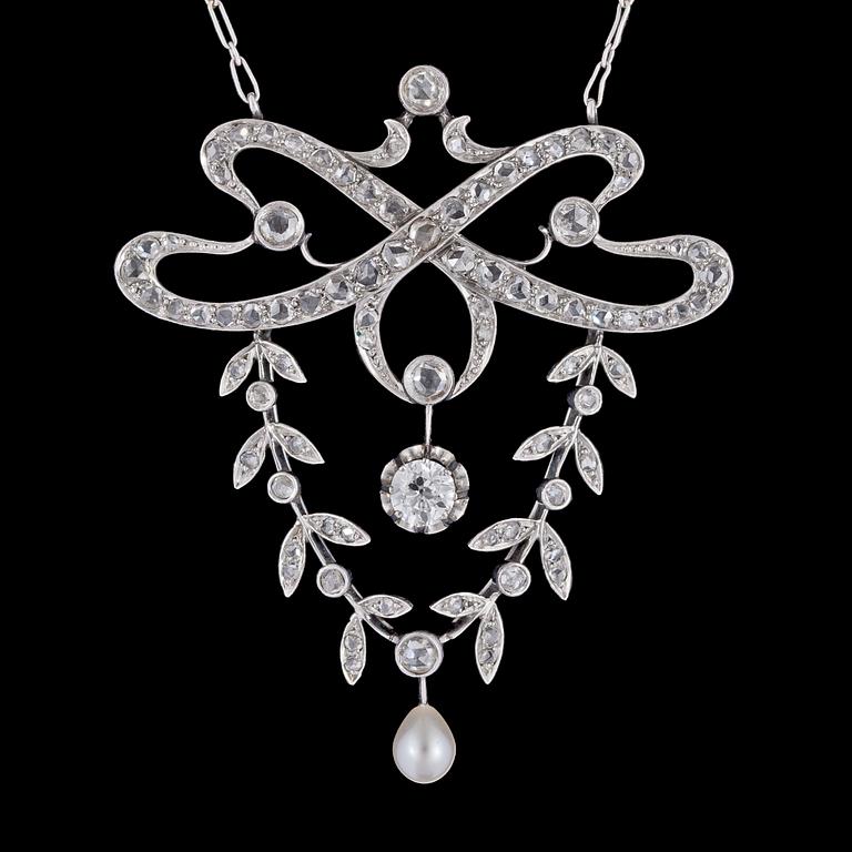 HÄNGSMYCKE, gammal- och rosenslipade diamanter samt hängande pärla. Art Nouveau, ca 1900.